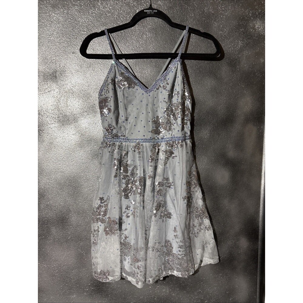 Baby Blue Tulle Silver Sequin Dress Embellished Rhinestones Jewels Babydoll HOCO